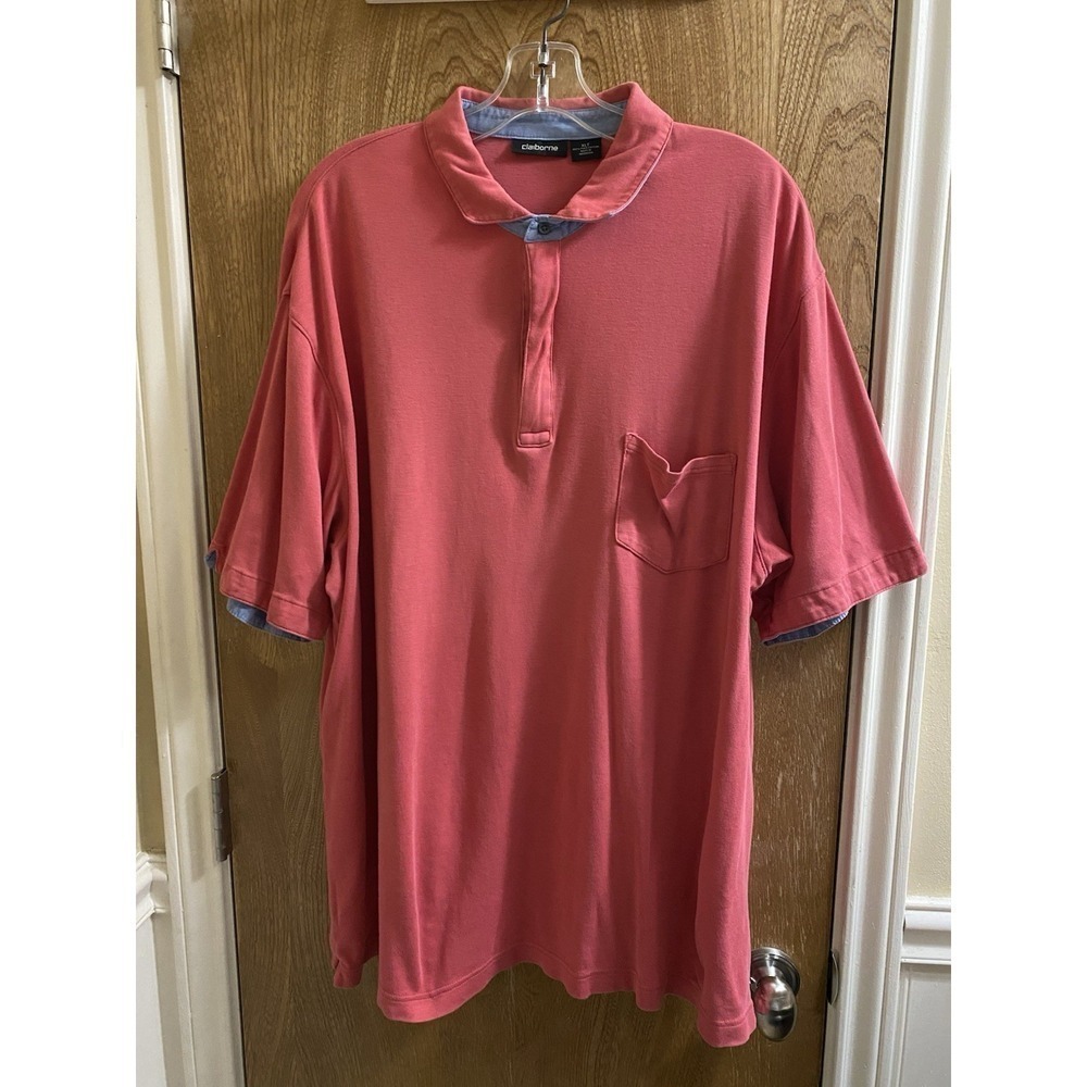 CLAIBORNE Cotton 1/4 Zip Neck Short Sleeve Polo Shirt XLT Pink Blue Fold Trim